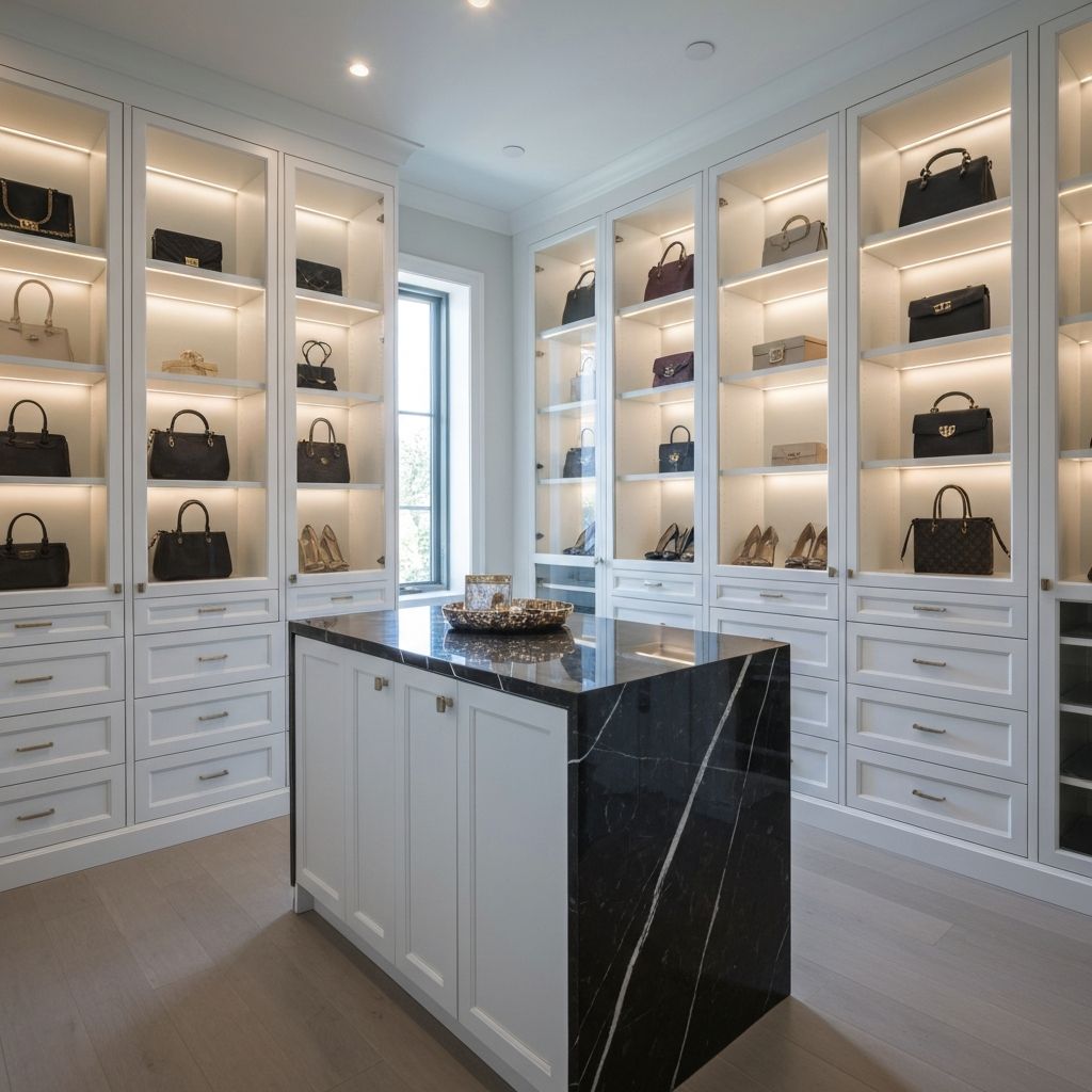 Luxury walk-in closet with LED lighting and custom organization